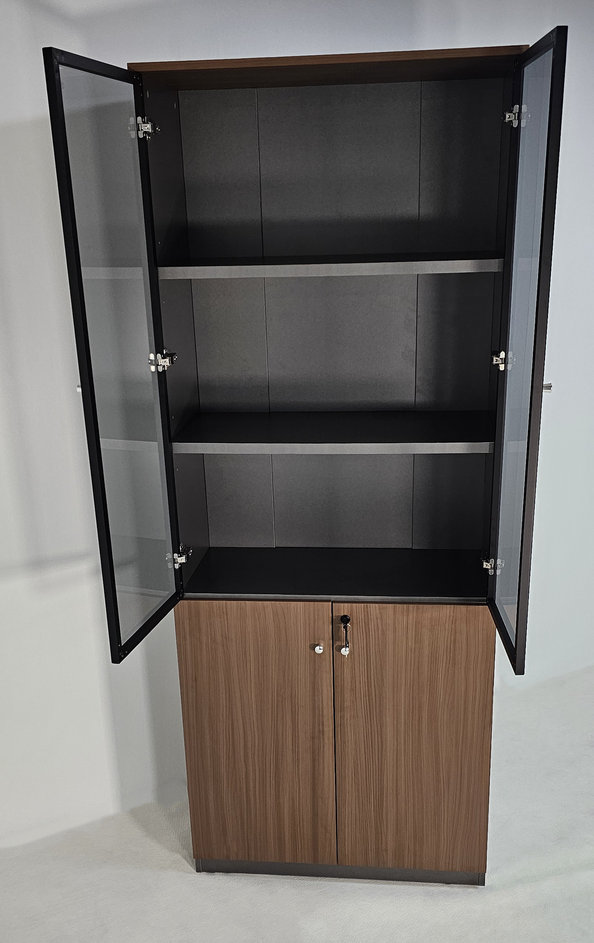 Premium Modern Two Door Bookcase with Glass Doors in American Walnut Melamine - 800mm - DG27-S04
