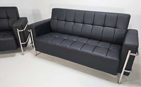 Black Leather Executive Contemporary Sofa with Heavy Duty Metal Frame - Single and Triple Seat - F2402
