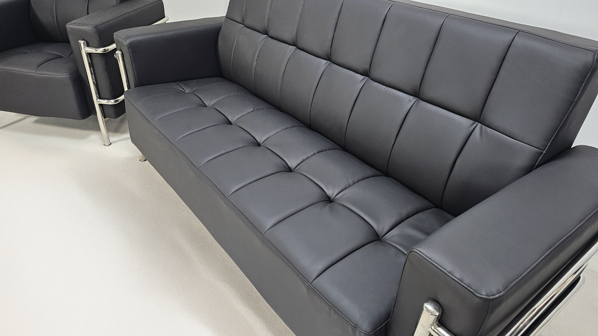 Black Leather Executive Contemporary Sofa with Heavy Duty Metal Frame - Single and Triple Seat - F2402