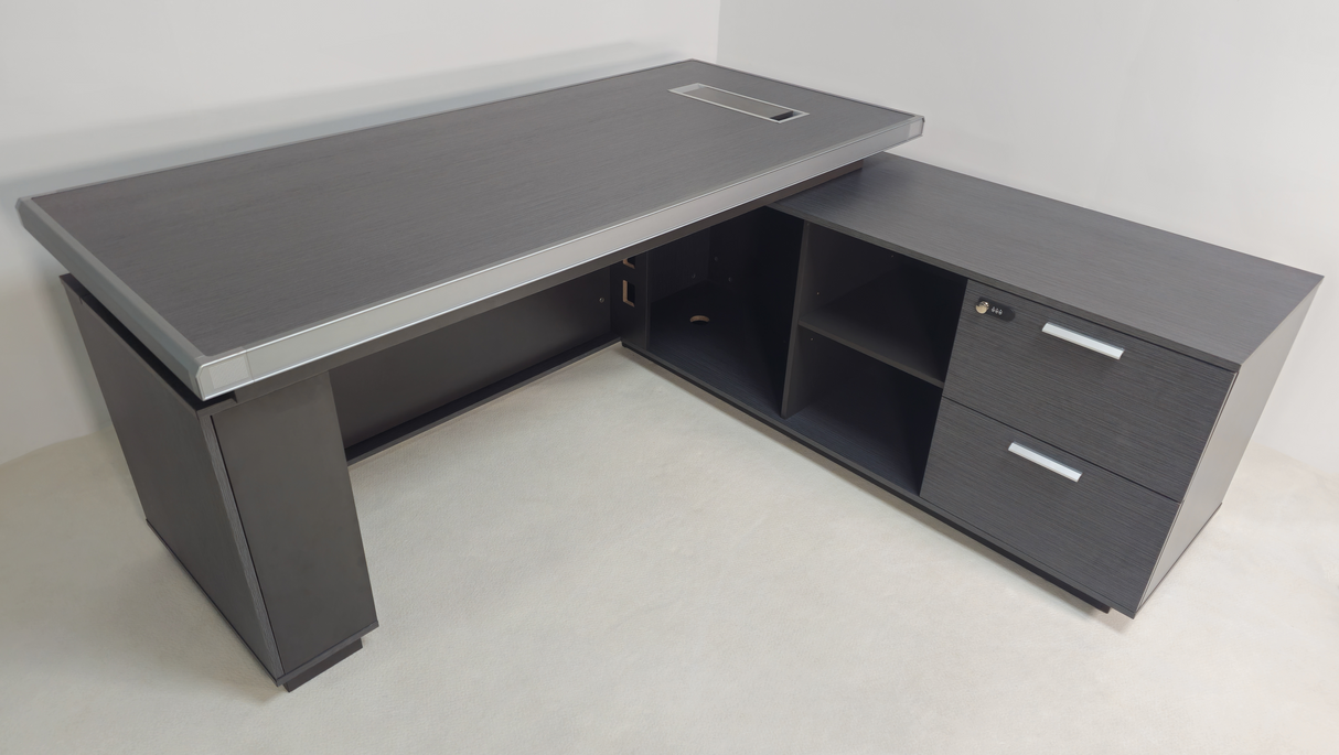 Modern Grey Oak Melamine Office Desk with Integrated Storage & Aluminium Trim – Corner Design - 1800mm or 2000mm - DGWK-C-D05