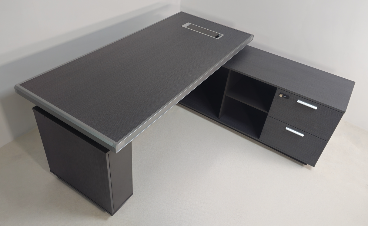 Modern Grey Oak Melamine Office Desk with Integrated Storage & Aluminium Trim – Corner Design - 1800mm or 2000mm - DGWK-C-D05