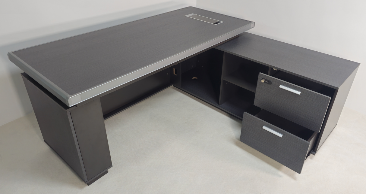 Modern Grey Oak Melamine Office Desk with Integrated Storage & Aluminium Trim – Corner Design - 1800mm or 2000mm - DGWK-C-D05