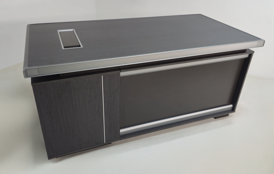 Modern Grey Oak Melamine Office Desk with Integrated Storage & Aluminium Trim – Straight Design - 1400mm, 1600mm, 1800mm - DGWK-S-D05