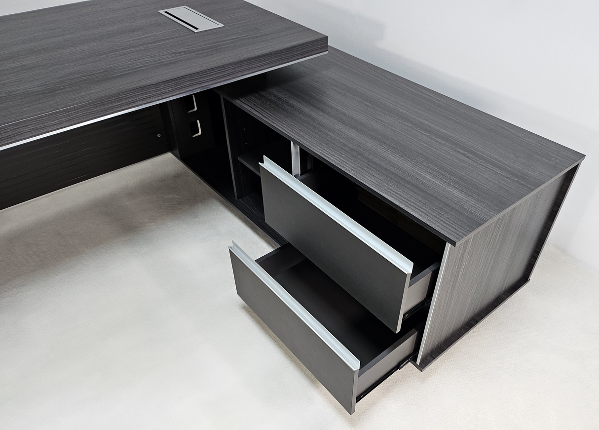 Large Stylish Grey Oak Veneer Corner Executive Office Desk with Built in Storage - 2400mm - BJS-D1124