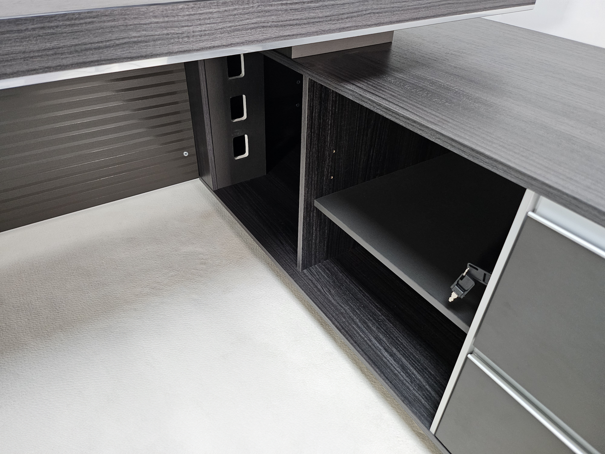 Large Stylish Grey Oak Veneer Corner Executive Office Desk with Built in Storage - 2400mm - BJS-D1124