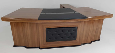 Large Light Oak Executive Desk With Black Leather Chesterfield Backpanel - With Return and Pedestal - 2400mm - 3211