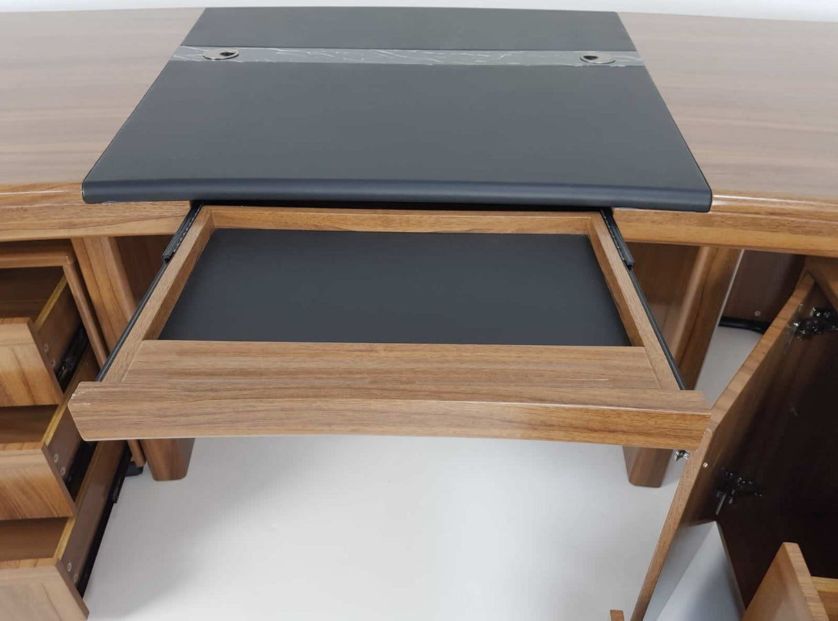 Large Light Oak Executive Desk With Black Leather Chesterfield Backpanel - With Return and Pedestal - 2400mm - 3211