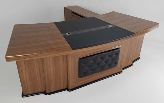 Large Light Oak Executive Desk With Black Leather Chesterfield Backpanel - With Return and Pedestal - 2400mm - 3211