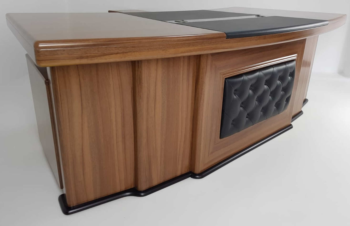 Large Light Oak Executive Desk With Black Leather Chesterfield Backpanel - With Return and Pedestal - 2400mm - 3211