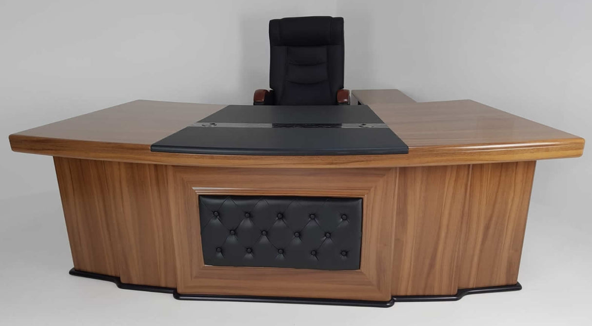 Large Light Oak Executive Desk With Black Leather Chesterfield Backpanel - With Return and Pedestal - 3211