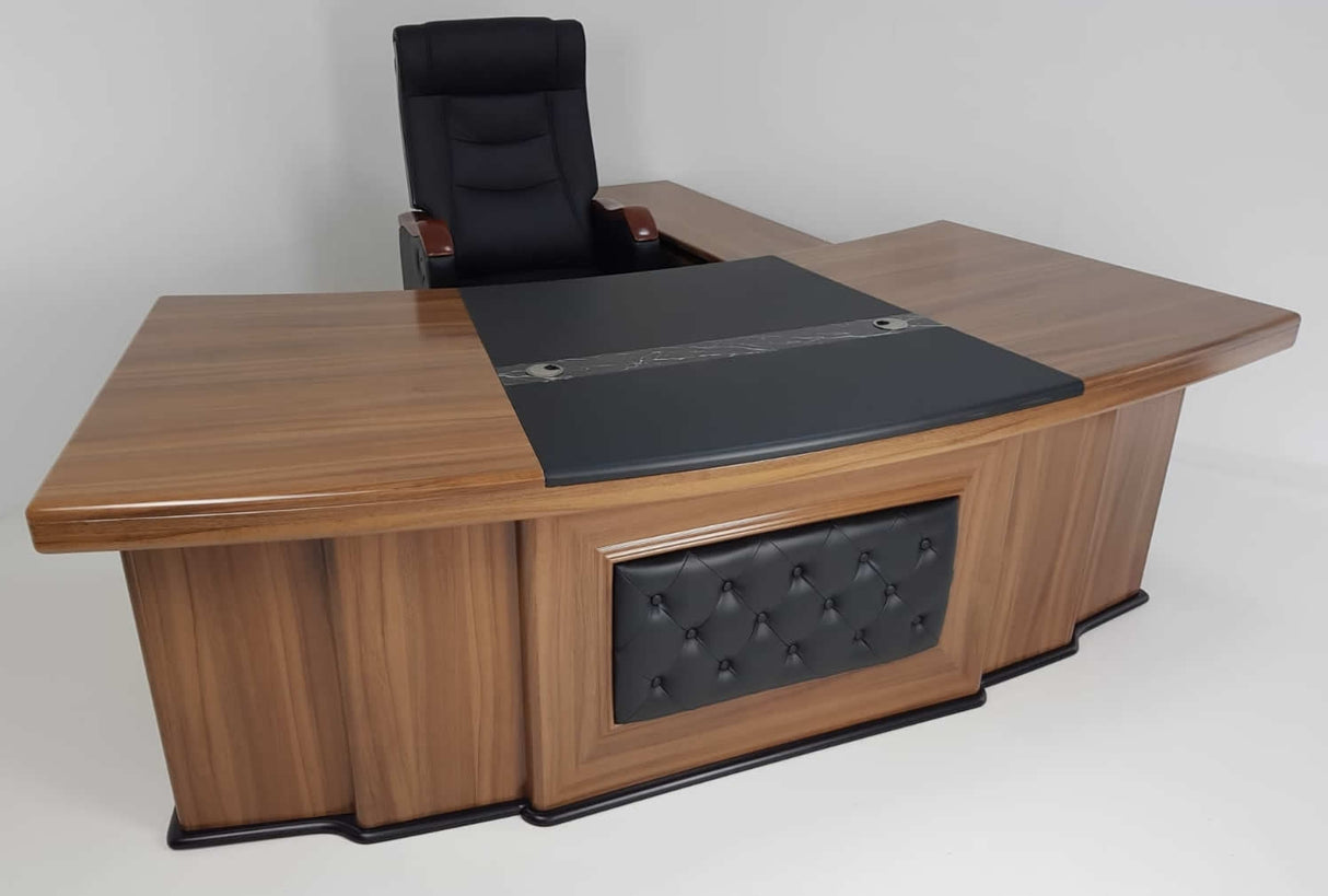 Large Light Oak Executive Desk With Black Leather Chesterfield Backpanel - With Return and Pedestal - 3211