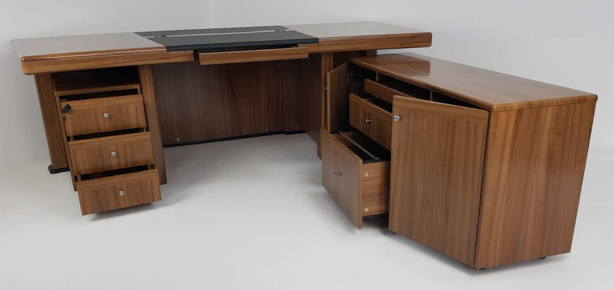 Large Light Oak Executive Desk With Black Leather Chesterfield Backpanel - With Return and Pedestal - 2400mm - 3211