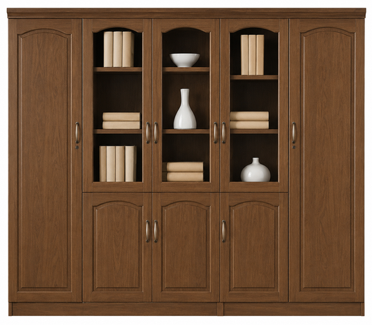 Real Light Walnut Wood Veneer Executive Five Door Bookcase Office Storage - 2500mm - 6602