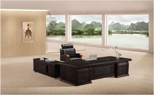 Large Executive Office Desk with Black Leather Detailing - with Pedestal and Return - 2200mm or 2400mm - 7H241K