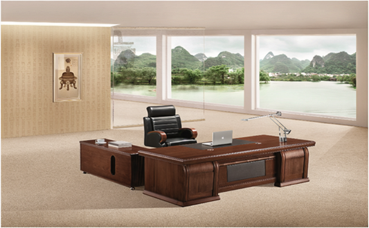 Large Executive Office Desk with Black Leather Detailing - with Pedestal and Return - 2200mm or 2400mm - 7H241K