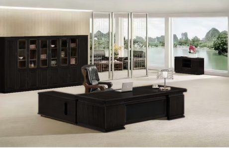 Large Executive Office Desk Real Wood Veneer With Black Leather - 2400mm / 2600mm / 2800mm - 3P241