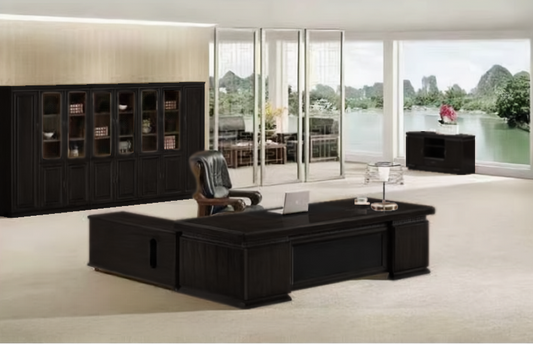 Large Executive Office Desk Real Wood Veneer With Black Leather - 2200mm / 2400mm / 2600mm / 2800mm - 3PK241