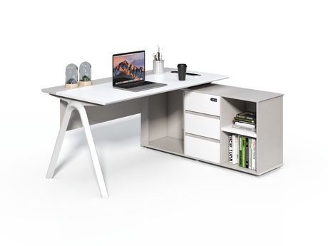 Contemporary Modern Corner Executive Office Desk with Stylish Metal Leg and Integrated Desktop Power - White and Beige Oatmeal - 1400mm, 1600mm, 1800mm - CF-CRN-E