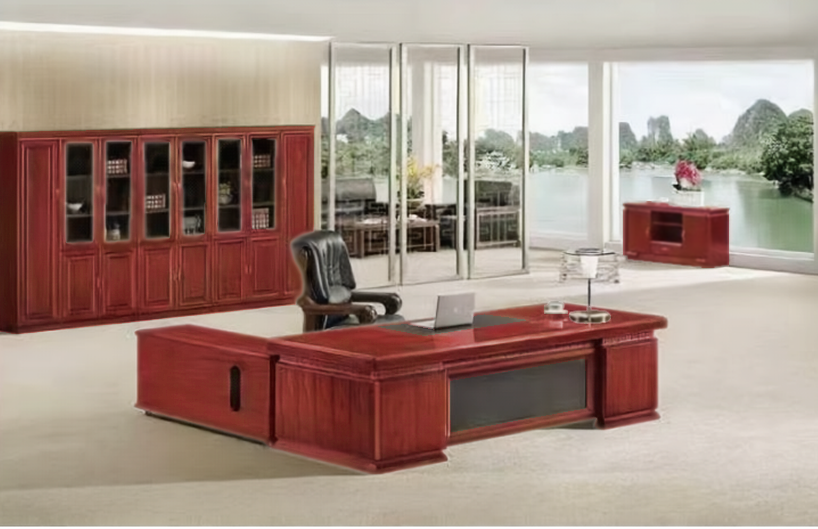 Large Executive Office Desk Real Wood Veneer With Black Leather - 2400mm / 2600mm / 2800mm - 3P241