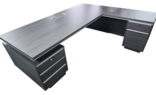 Large Grey Oak Executive Office Desk with Desk High Extension and Storage - 2400mm - DG07-D0224