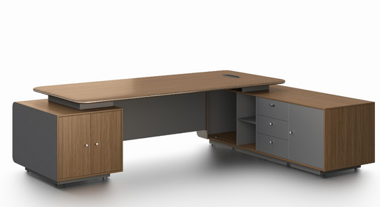 Premium Large Executive Corner Office Desk in American Walnut Melamine - Desktop Power Included - 2800mm - DG27-D0228