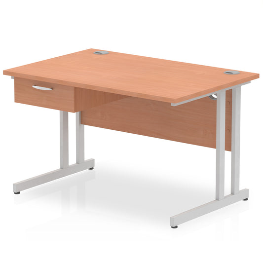 Impulse Cantilever Straight Desk Silver Frame With Single One Drawer Fixed Pedestal - 1200mm, 1400mm, 1600mm or 1800mm - Multiple Colour Options