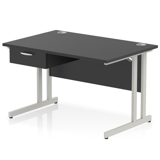Impulse Cantilever Straight Desk Silver Frame With Single One Drawer Fixed Pedestal - 1200mm, 1400mm, 1600mm or 1800mm - Multiple Colour Options