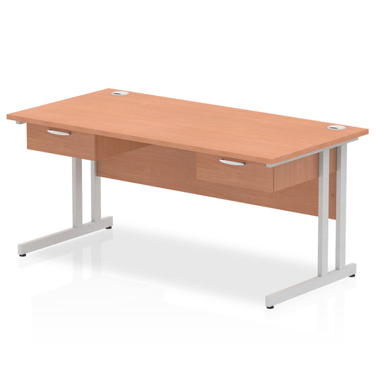 Impulse Cantilever Straight Desk Silver Frame With 2x One Drawer Fixed Pedestals - 1600mm or 1800mm - Multiple Colour Options