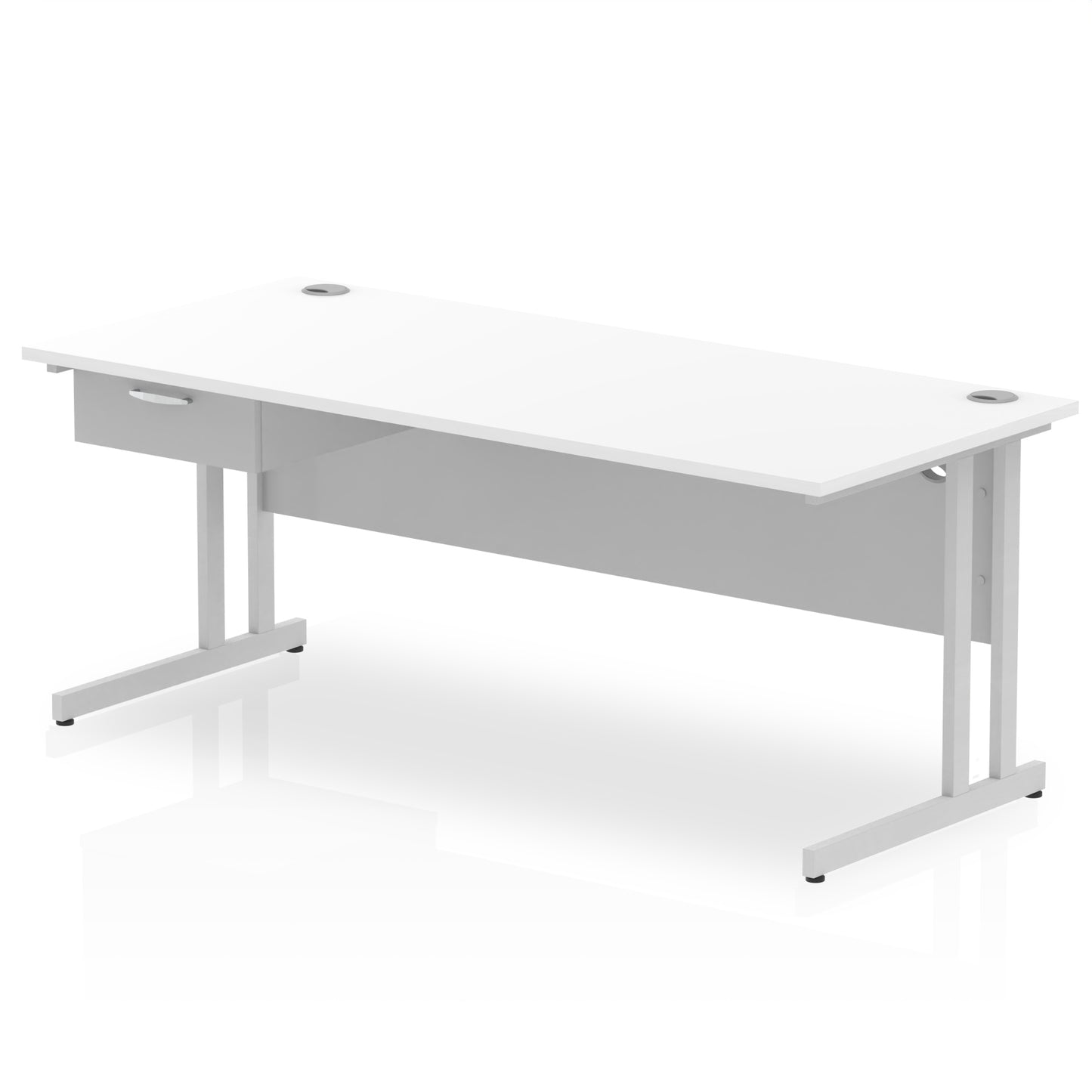Impulse Cantilever Straight Desk Silver Frame With Single One Drawer Fixed Pedestal - 1200mm, 1400mm, 1600mm or 1800mm - Multiple Colour Options