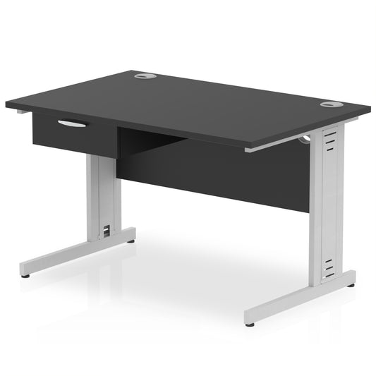 Impulse Cable Managed Straight Desk Silver Frame With Single One Drawer Fixed Pedestal - 1200mm, 1400mm, 1600mm or 1800mm - Multiple Colour Options