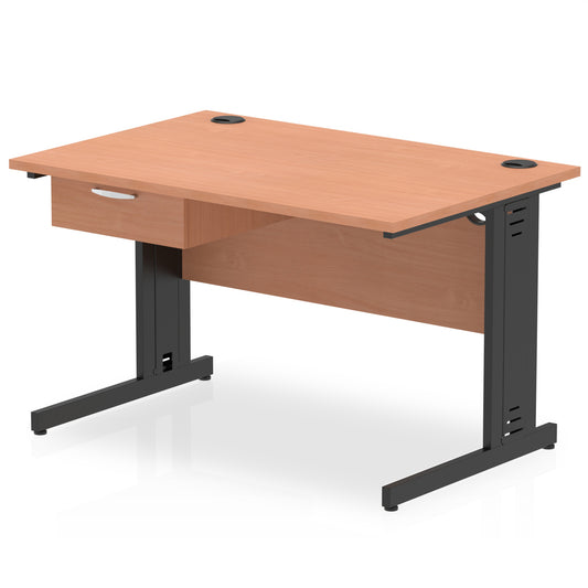 Impulse Cable Managed Straight Desk Black Frame With Single One Drawer Fixed Pedestal - 1200mm, 1400mm, 1600mm or 1800mm - Multiple Colour Options
