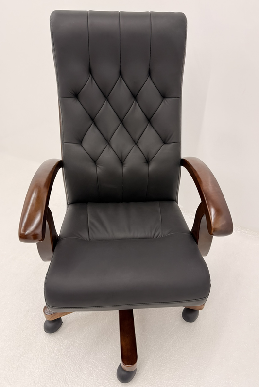 Chesterfield High Back Genuine Black Leather Office Chair with Walnut Veneered Arms - B29