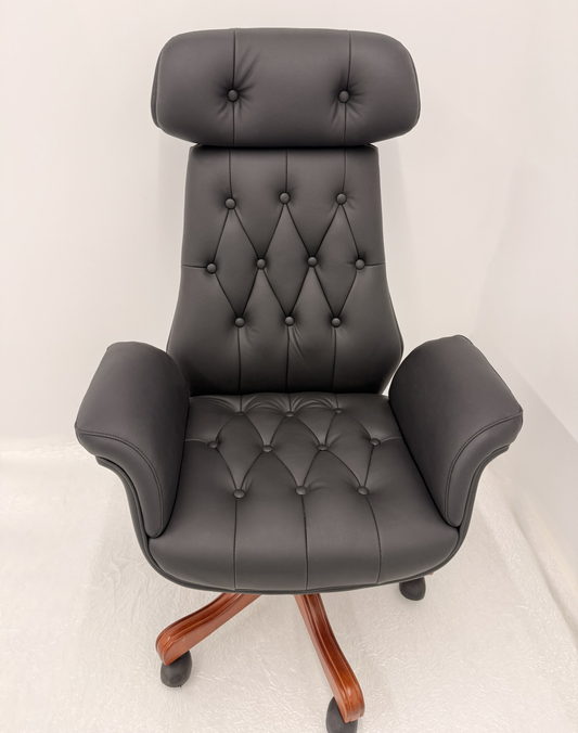 Luxury High Back Black Genuine Leather Executive Chesterfield Office Chair - Reclining Feature - 2302A