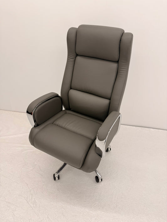Grey Leather Executive Office Chair with Chrome Trimmed Arms - J1201