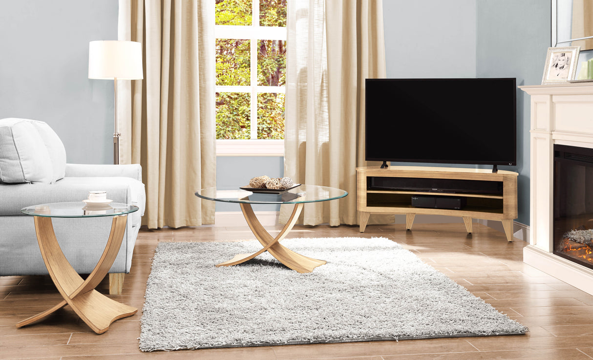 Round Clear Glass Lamp / Side Table with Oak Veneer - 500mm - JF309