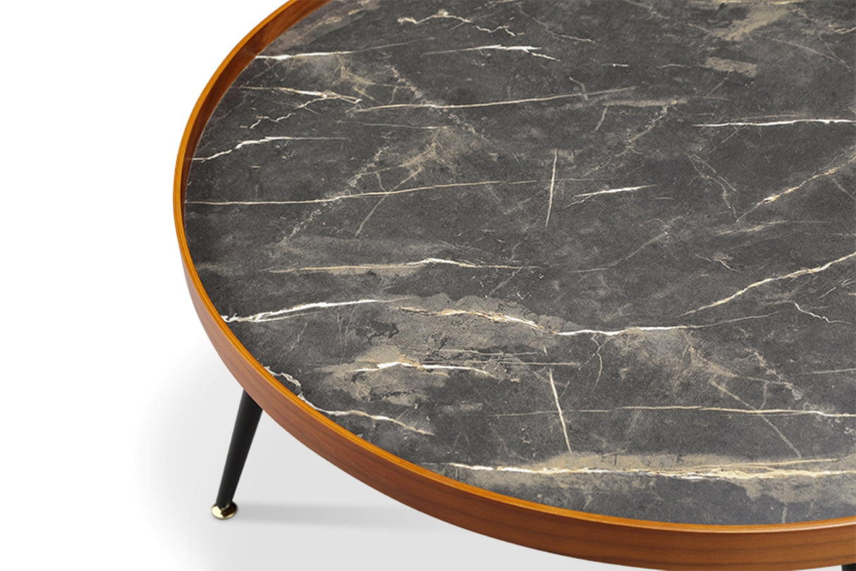 Round Black Marble Coffee Table with Walnut Veneer - 700mm - JF328