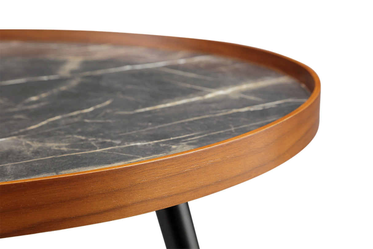 Round Black Marble Coffee Table with Walnut Veneer - 700mm - JF328