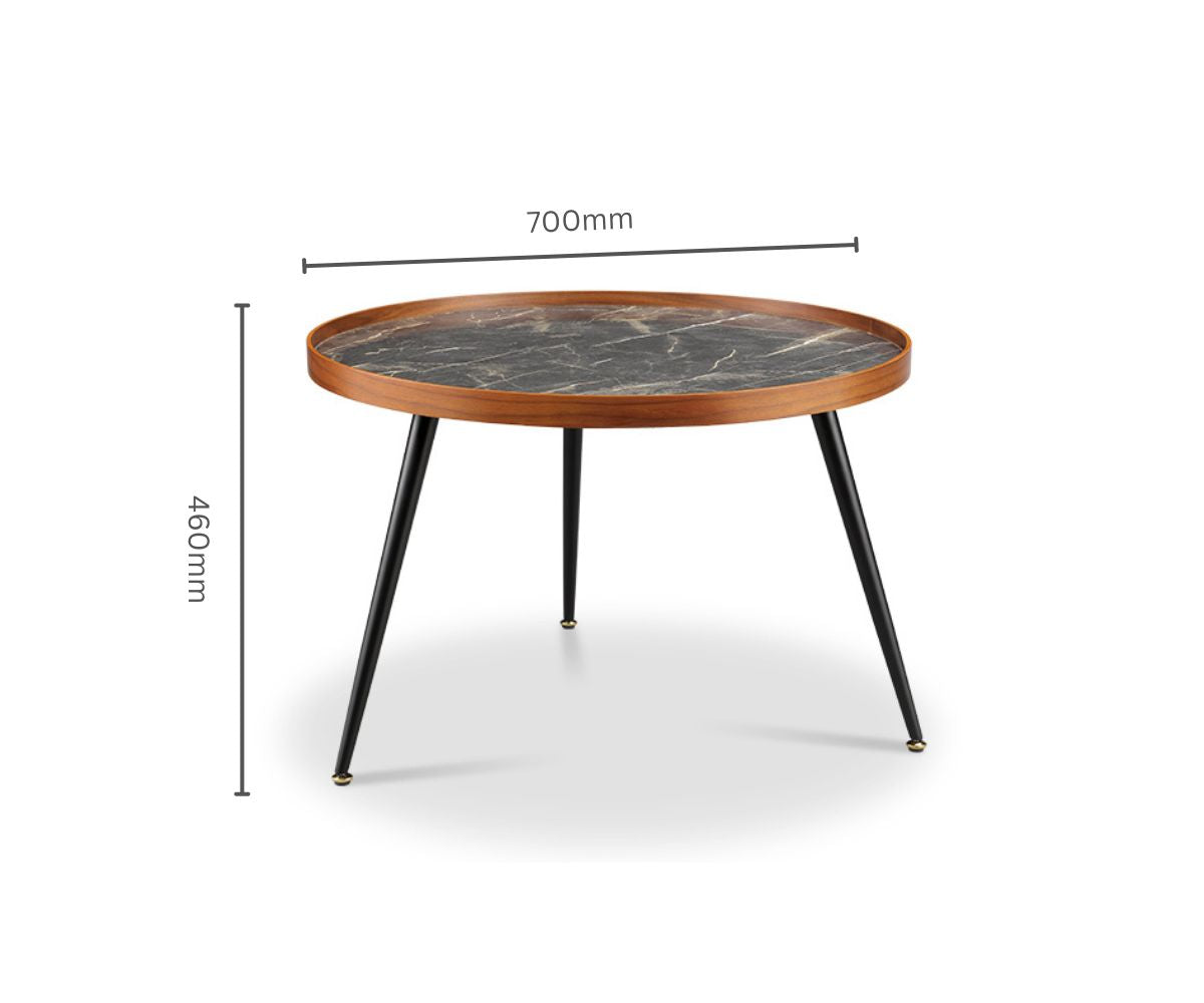 Round Black Marble Coffee Table with Walnut Veneer - 700mm - JF328