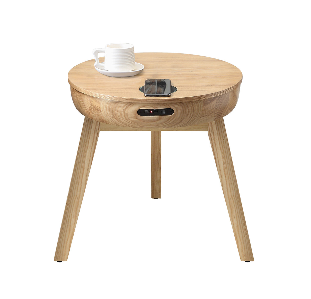 Smart Oak Veneer Round Coffee / Lamp Table - Built in Speakers, Bluetooth, Wireless Charging and USB - 485mm - JF710