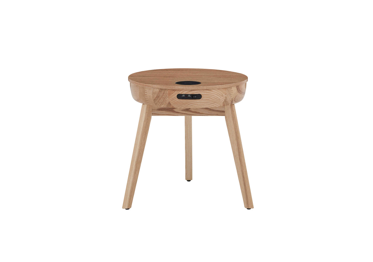 Smart Oak Veneer Round Coffee / Lamp Table - Built in Speakers, Bluetooth, Wireless Charging and USB - 485mm - JF710