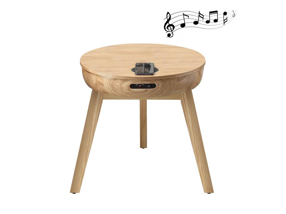 Smart Oak Veneer Round Coffee / Lamp Table - Built in Speakers, Bluetooth, Wireless Charging and USB - 485mm - JF710