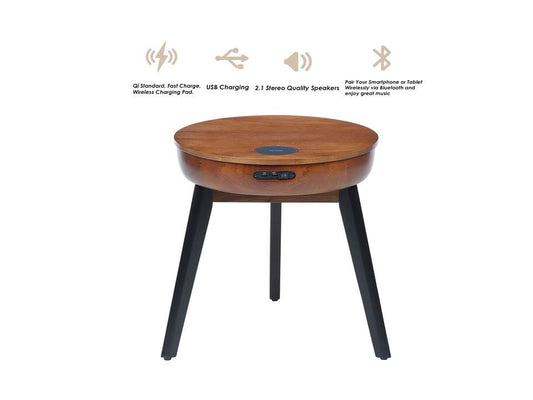Smart Walnut Veneer Round Coffee / Lamp Table - Built in Speakers, Bluetooth, Wireless Charging and USB - 485mm - JF710
