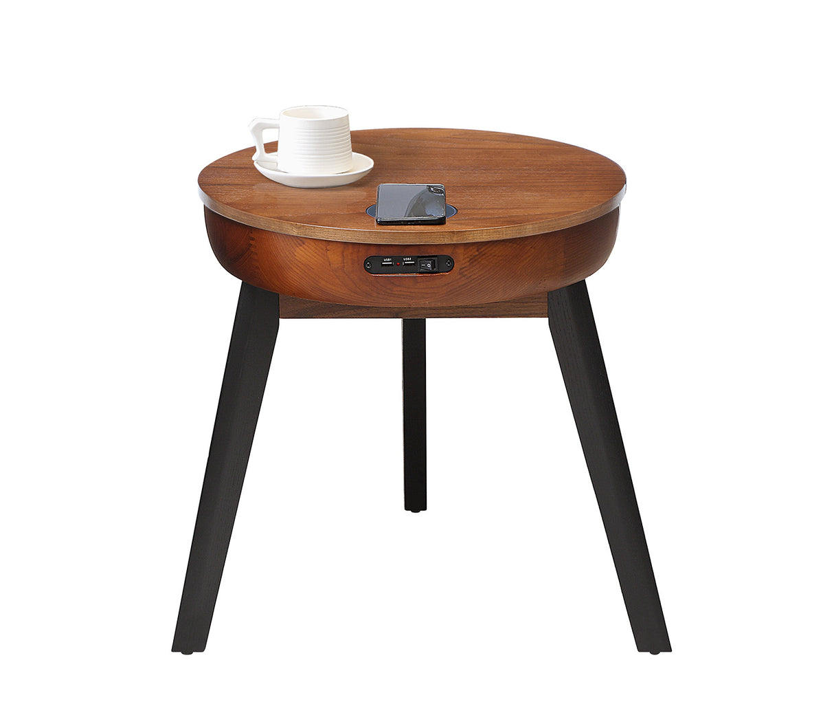 Smart Walnut Veneer Round Coffee / Lamp Table - Built in Speakers, Bluetooth, Wireless Charging and USB - 485mm - JF710