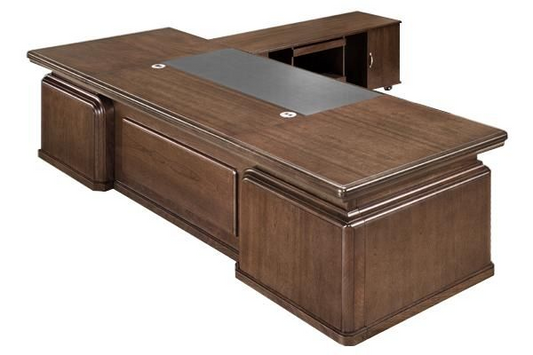 Traditional Executive Desk Real Wood Veneer With Chunky Design - With Pedestal and Side Return - 2600mm to 3200mm - K1L281