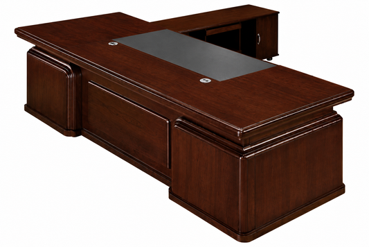 Traditional Walnut Real Wood Veneer Executive Desk With Chunky Design - With Pedestal and Side Return - 2600mm to 3200mm - K1L281