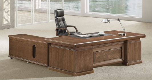 Large Executive Office Desk Real Wood Veneer - With Pedestal and Return - 2400mm - K3Y241