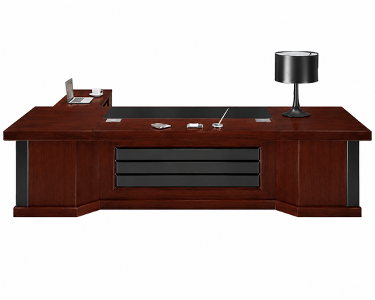 Walnut Real Wood Veneer Executive Office Desk with Black Leather Modesty Panel - With Pedestal and Side Return - 2800mm to 3800mm - K5B321