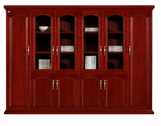 Large Cherry Rosewood Real Wood Veneer Executive Office Storage Bookcase with Glass - 2800mm - KM1L06