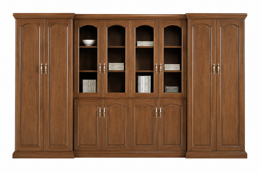 Large Executive Light Walnut Real Wood Veneer Office Storage Bookcase with Glass - 3800mm - KM1L08