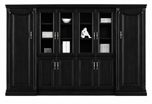 High Quality Black Ash Real Wood Veneer Executive Bookcase with Glass Doors - 3400mm - KM2K06